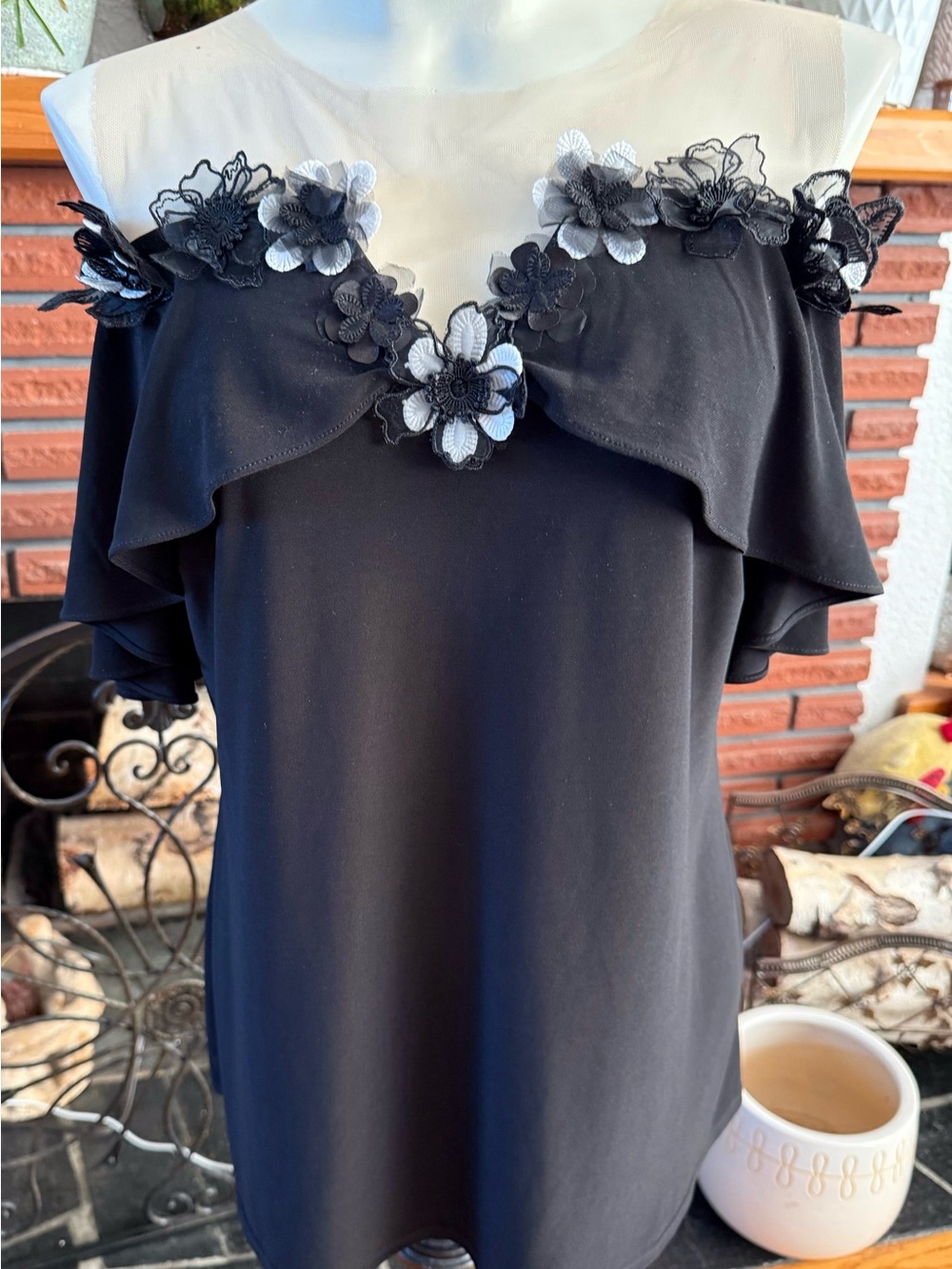 MSK Black Top with Floral Lace Trim